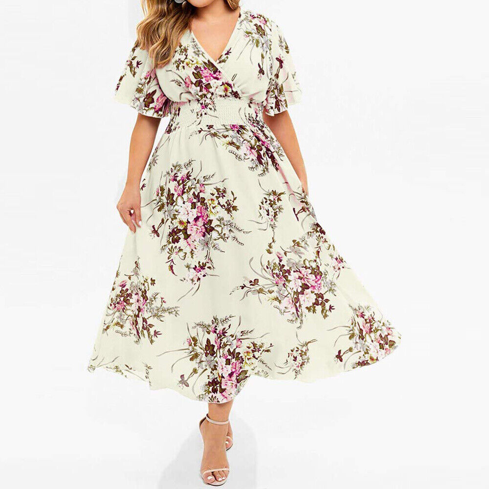 Plus Size Women Summer Floral Swing Dress Ladies Short Sleeve Loose Party Gown