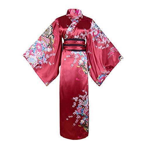Women's Floral Print Traditional Japanese Kimono Large Long Kimono Wine Red