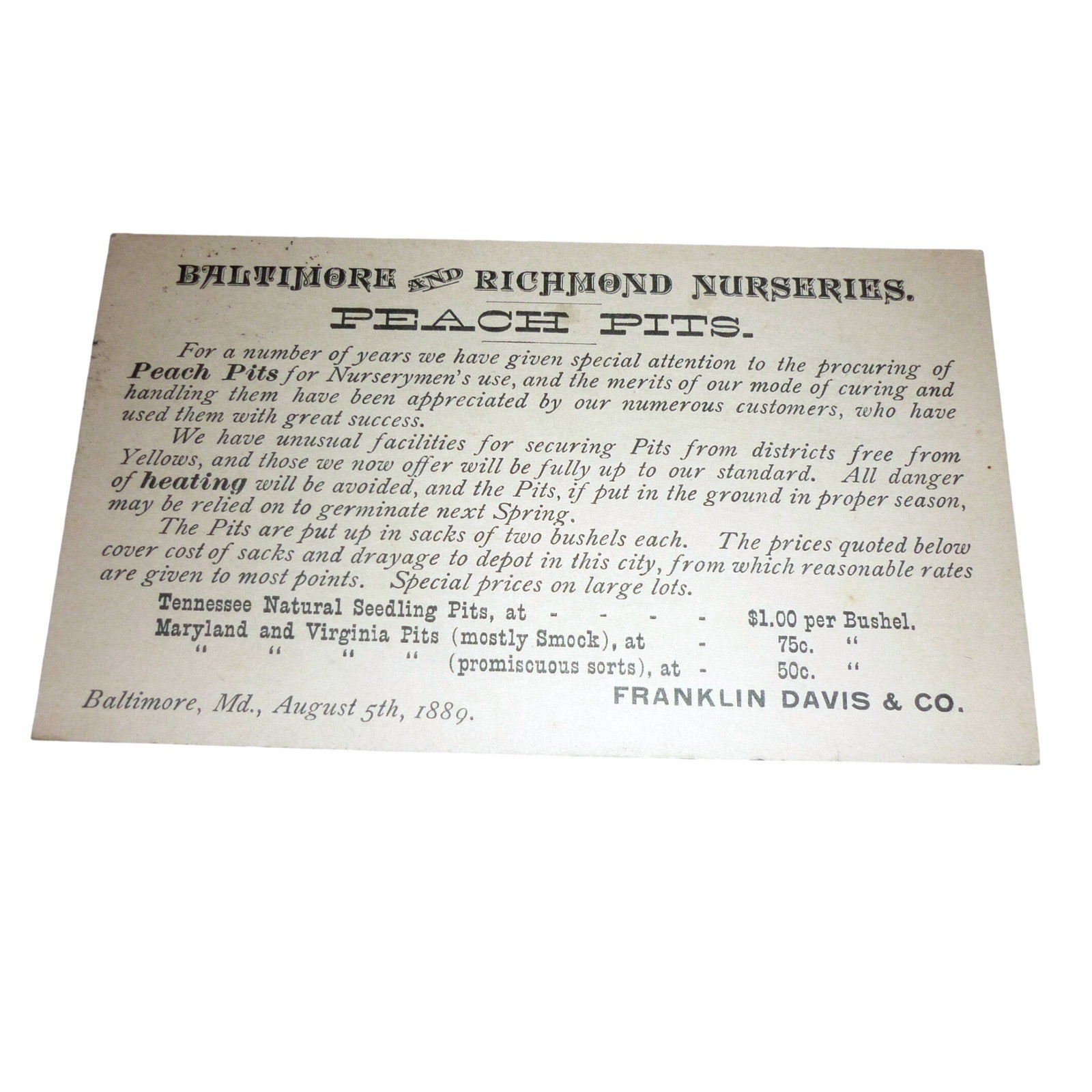 1889 Antique Trade Card Baltimore Richmond Nurseries Peach Pits History Ephemera