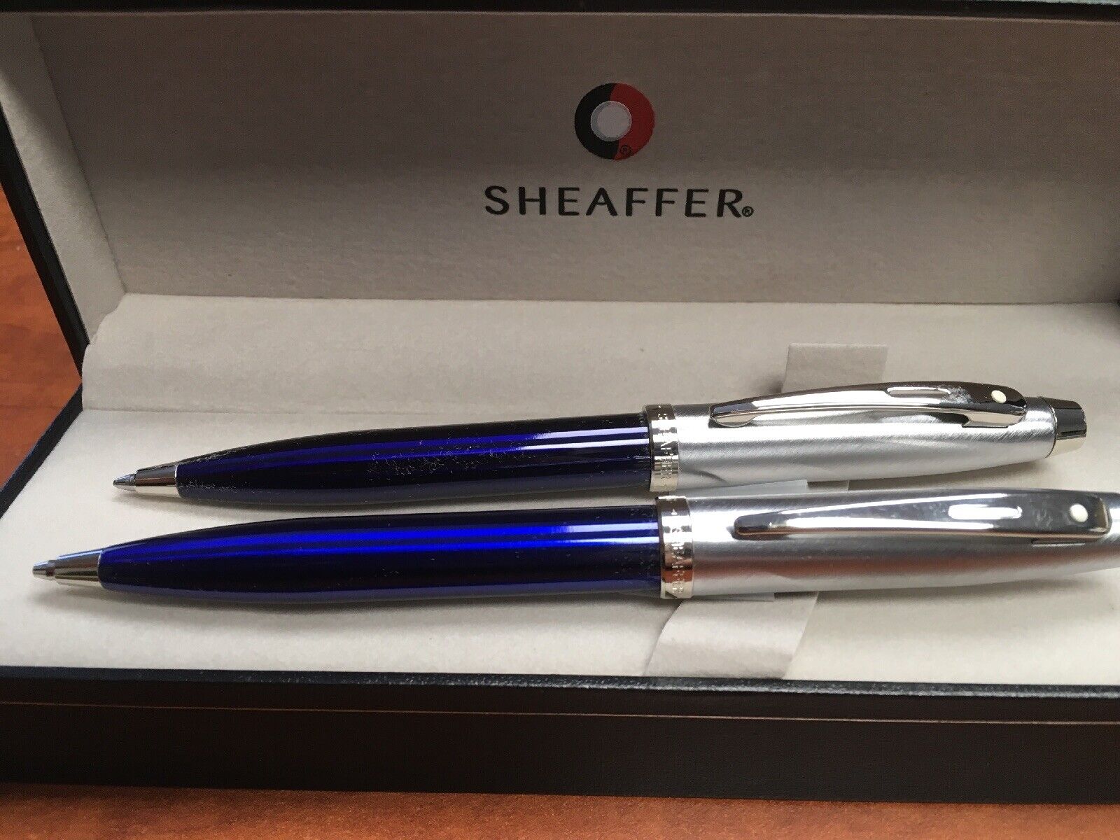 Sheaffer 100 Brushed Chrome/Blue Enamel Ballpoint Pen/0.7mm Pencil Set
