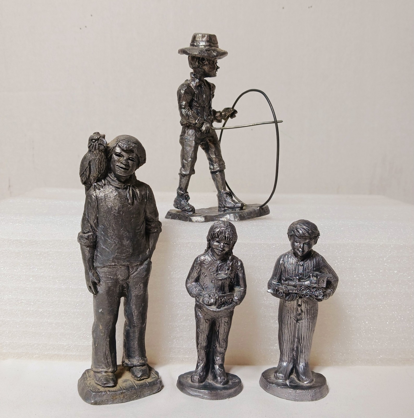 4 vtg MICHAEL RICKER Pewter Children Figures BOY w/ CIRCLE & WAND Parrot GIRL