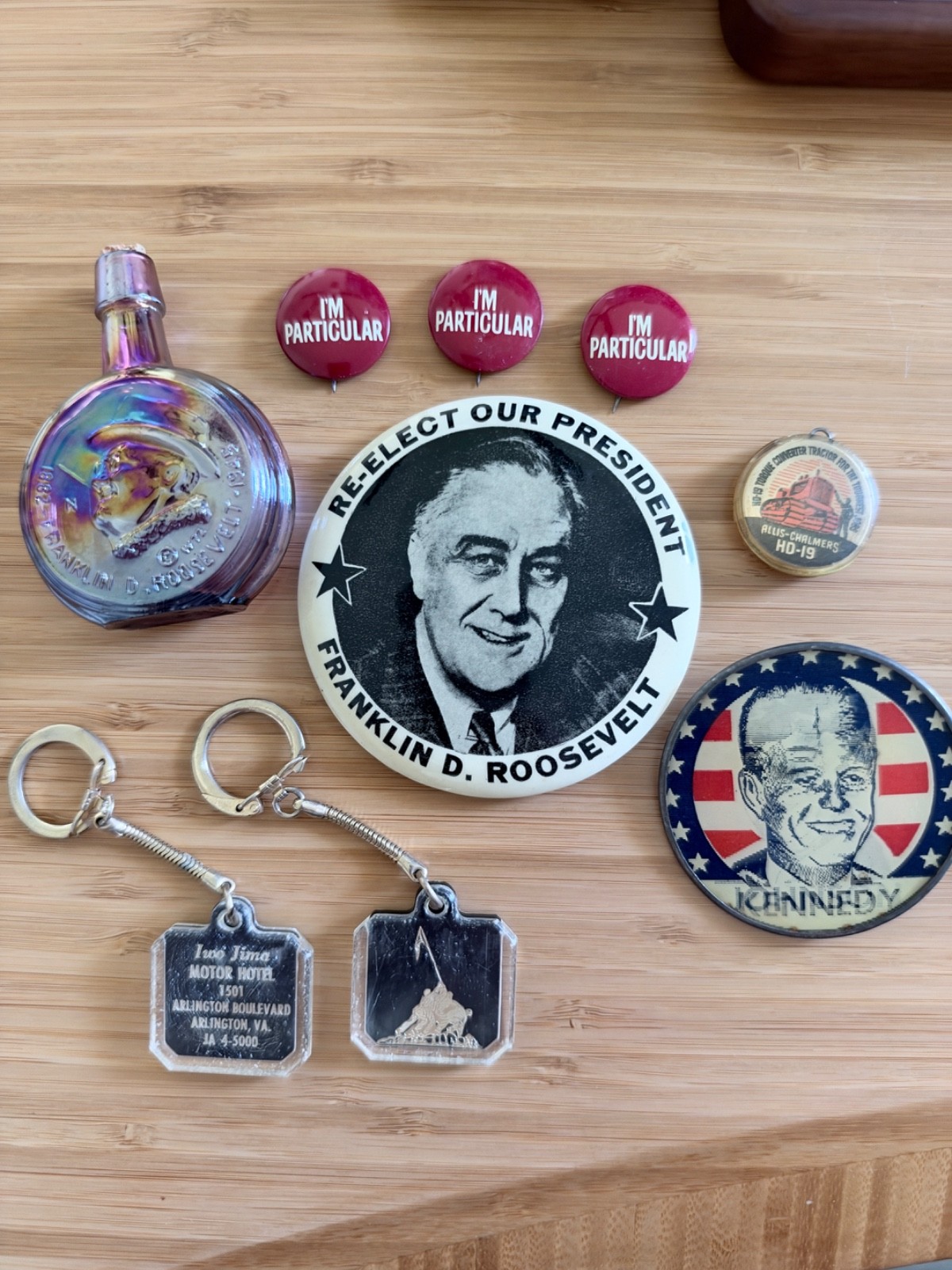 Vintage FDR Kennedy Political Memorabilia Lot Buttons Bottle Keychains 9 Pieces