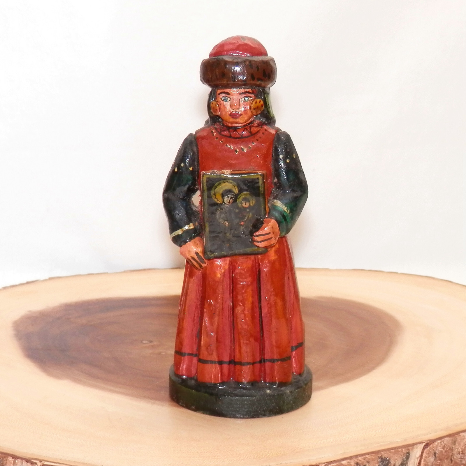 Vintage 1996 Russian Maiden With Icon Wooden Hand Carved Hand Painted Popov B. M