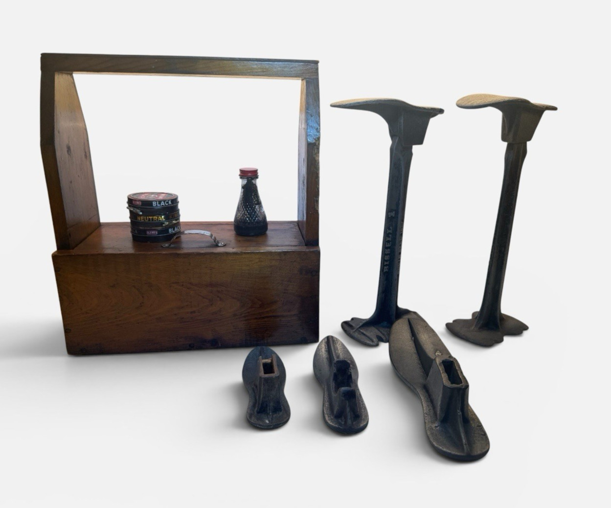 Antique Bissell Cast Iron Cobbler Set (2 Stands, 5 Lasts) & Primitive Wood Shine