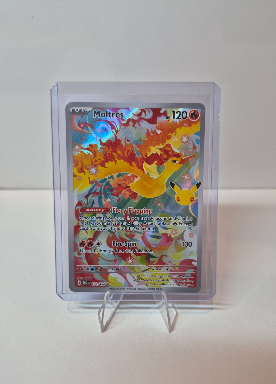 Pokemon 30th Anniversary Moltres 130/128 Illustration Rare Holo English NM Pokemon 30th Anniversary Moltres 130/128 Illustration Rare Holo English NM