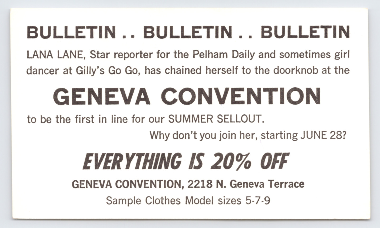 1973 Geneva Convention Boutique Summer Sale Postal Card Lincoln Park Chicago IL