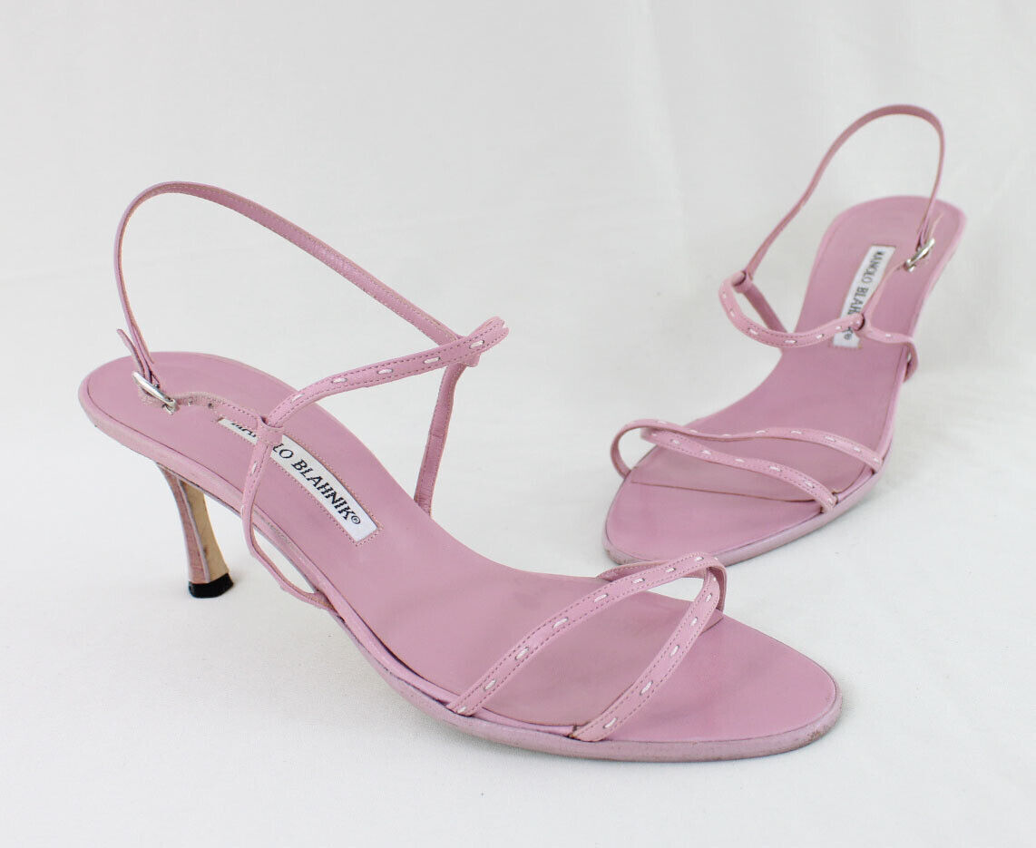 Manolo Blahnik Women\'s Pink Leather Strappy Sandals Heels Shoes Size 39.5 US 9.5