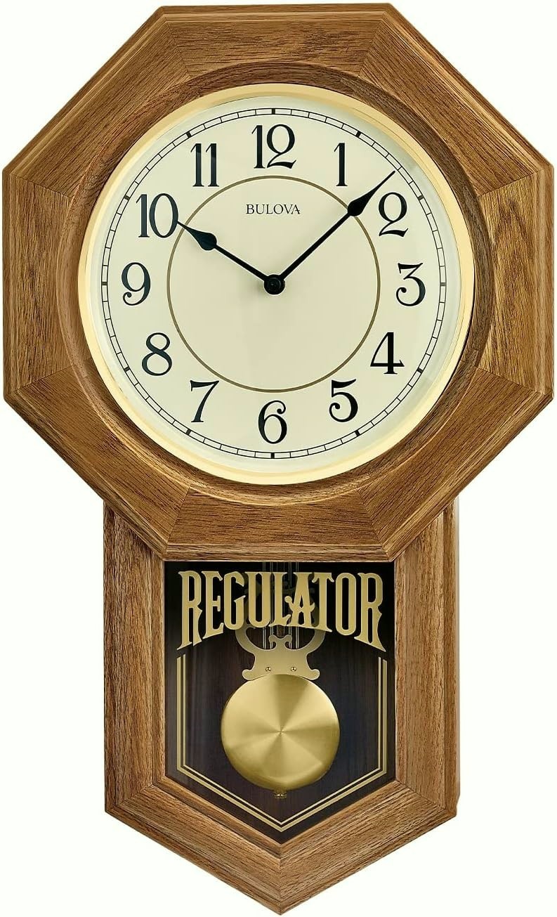 Bulova Thomaston Wall Clock - Regulator, Chiming, Golden Oak (C3545) Open Box