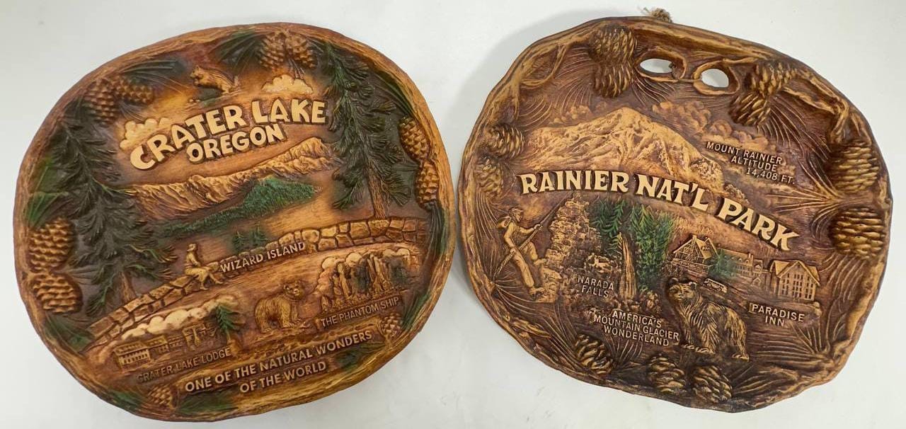 Vintage Crater Lake & Mt Rainier 3D Souvenir Wall Plaques ASMCO TACO Lot of 2