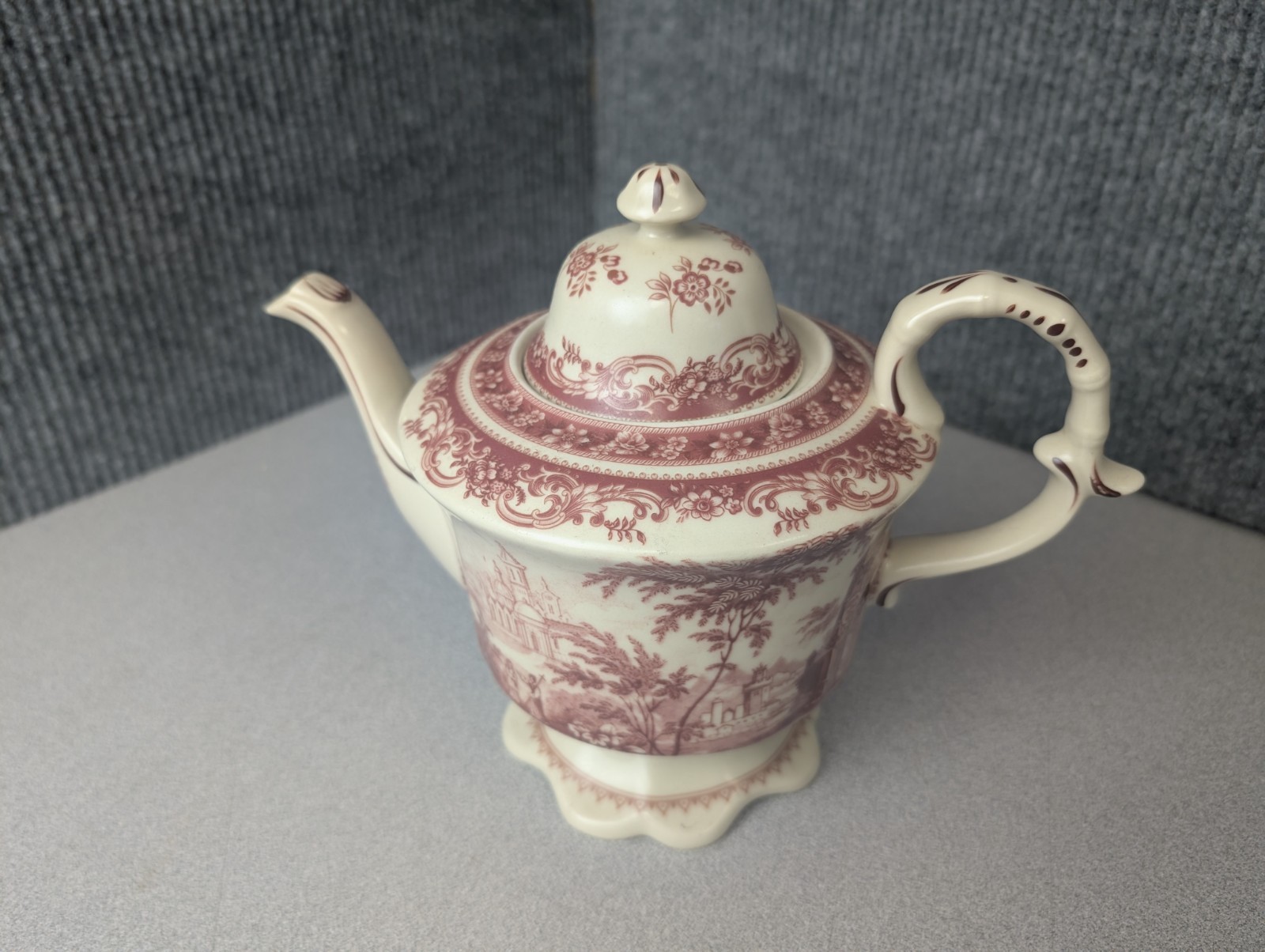 Vintage Burton + Burton Red Toile Teapot Pedestal French Country Pastoral Scene