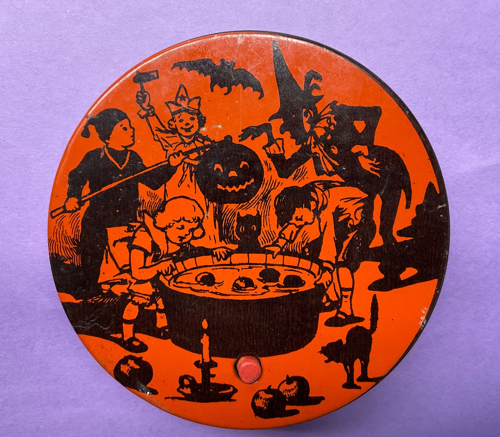 Antique Vintage J. Chein Halloween Tin Litho Witch Bat JOL Toy Noisemaker