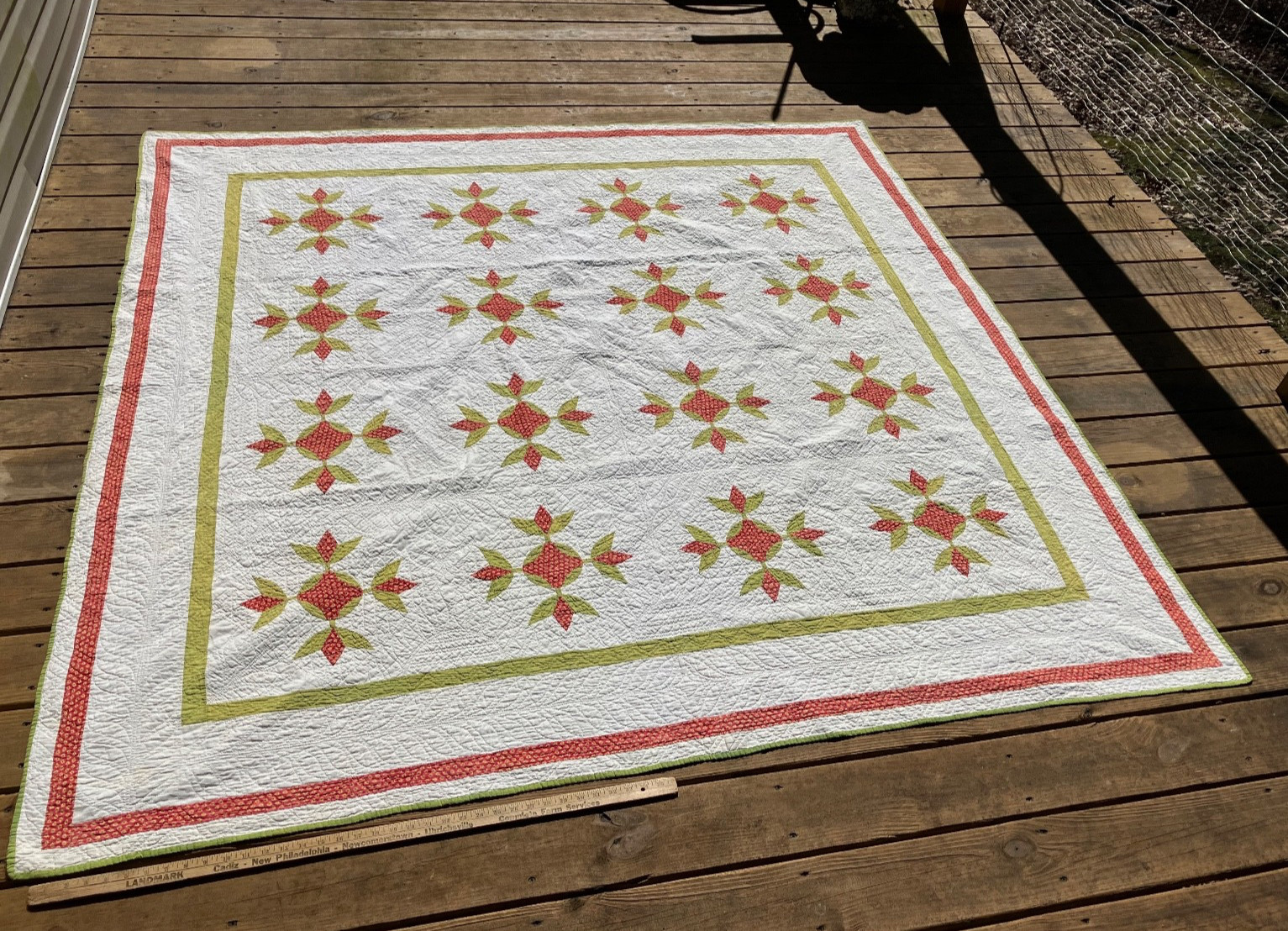Antique 1880's Rosette Applique Quilt Red Green and White