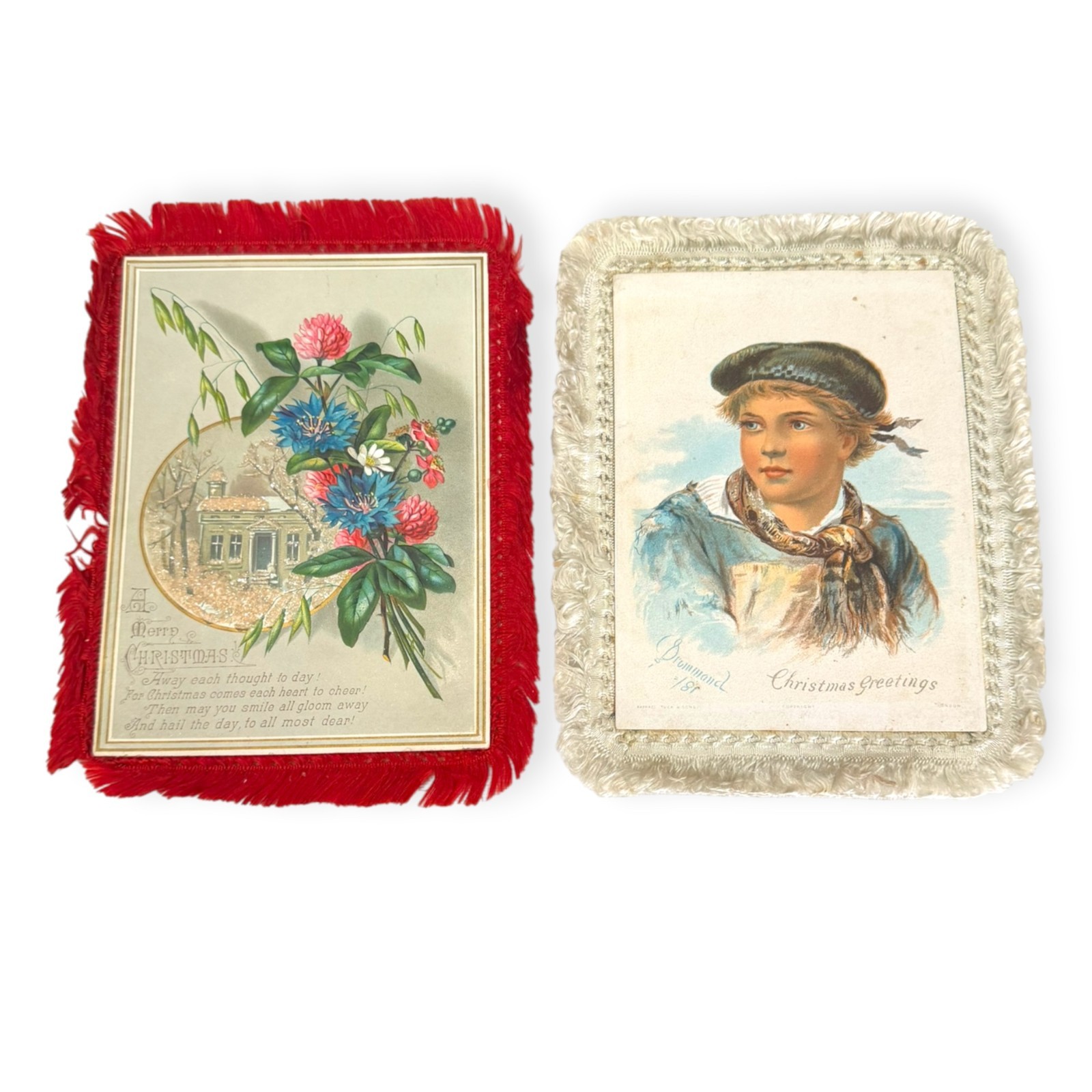 2 Antique Victorian Christmas Cards Silk Fringe Raphael Tuck Double Sided
