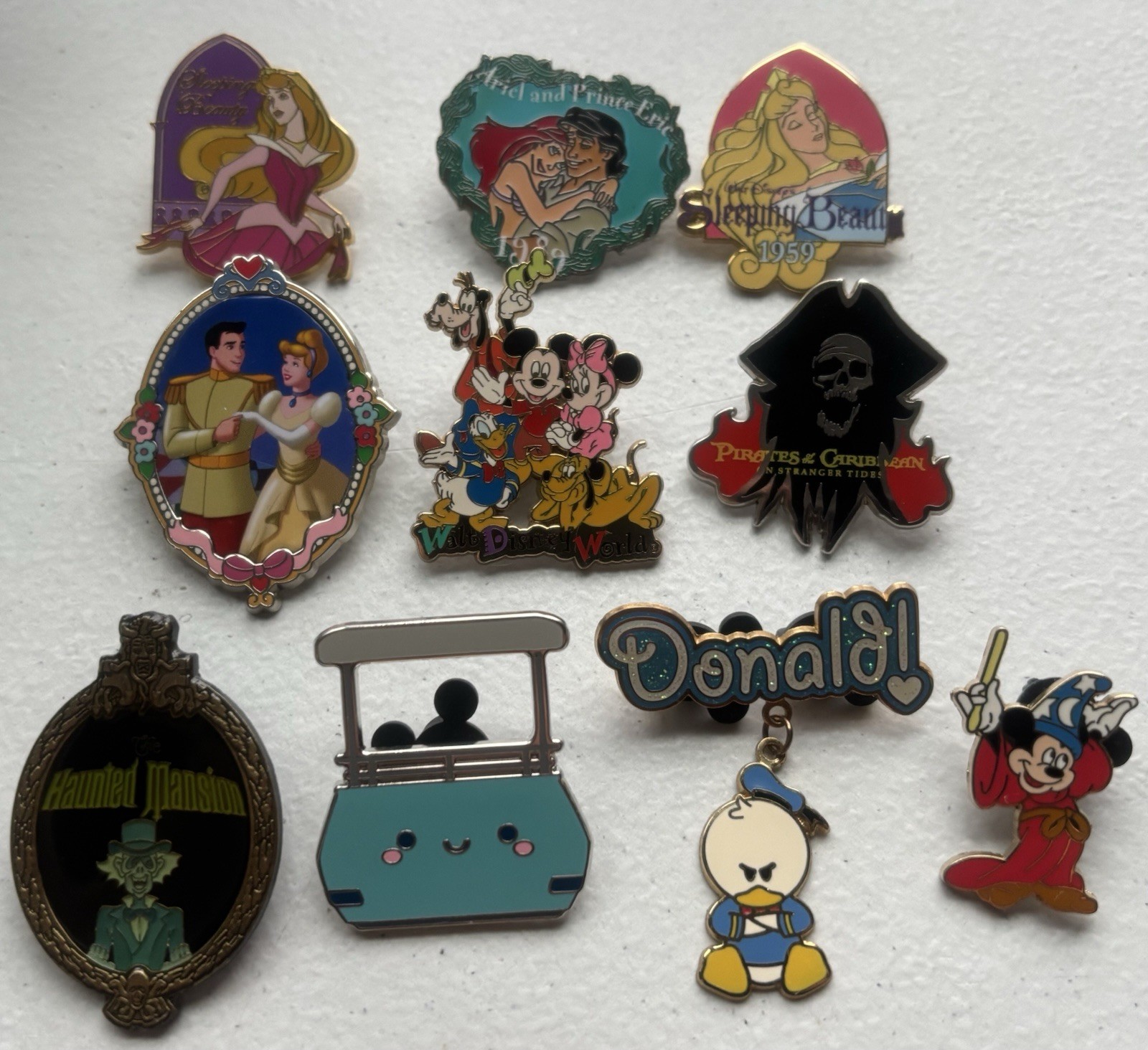 Disney Pin Lot of 10 Pins: Princess Pirates Haunted Mansion Peoplemover Donald