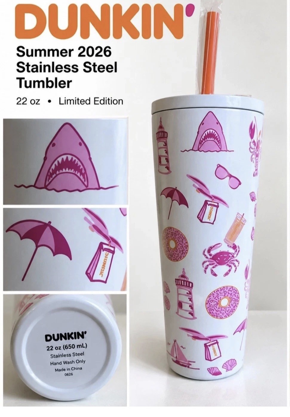 New Rare Dunkin Donuts Summer 2026 Stainless Steel 22oz Tumbler 
