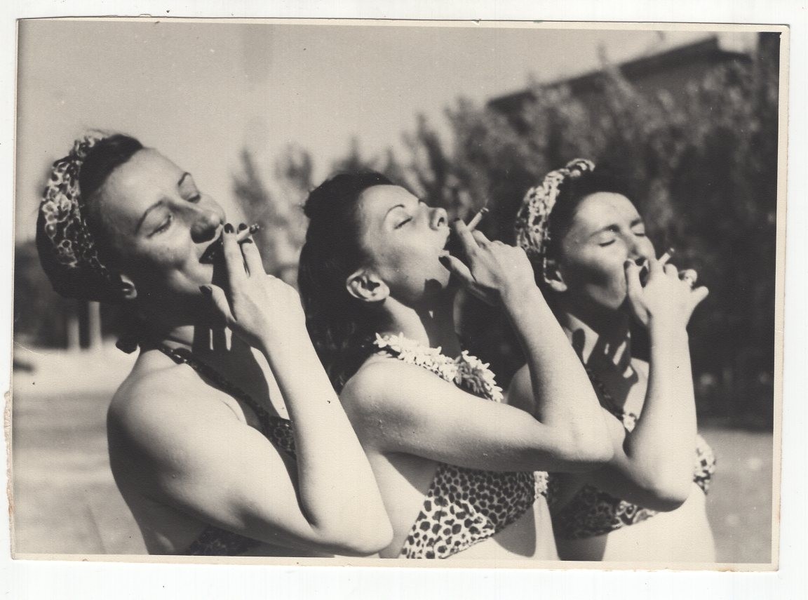 3 Women Smoking Cigarettes Animal Print Bikinis Headscarves c1950s VTG Photo