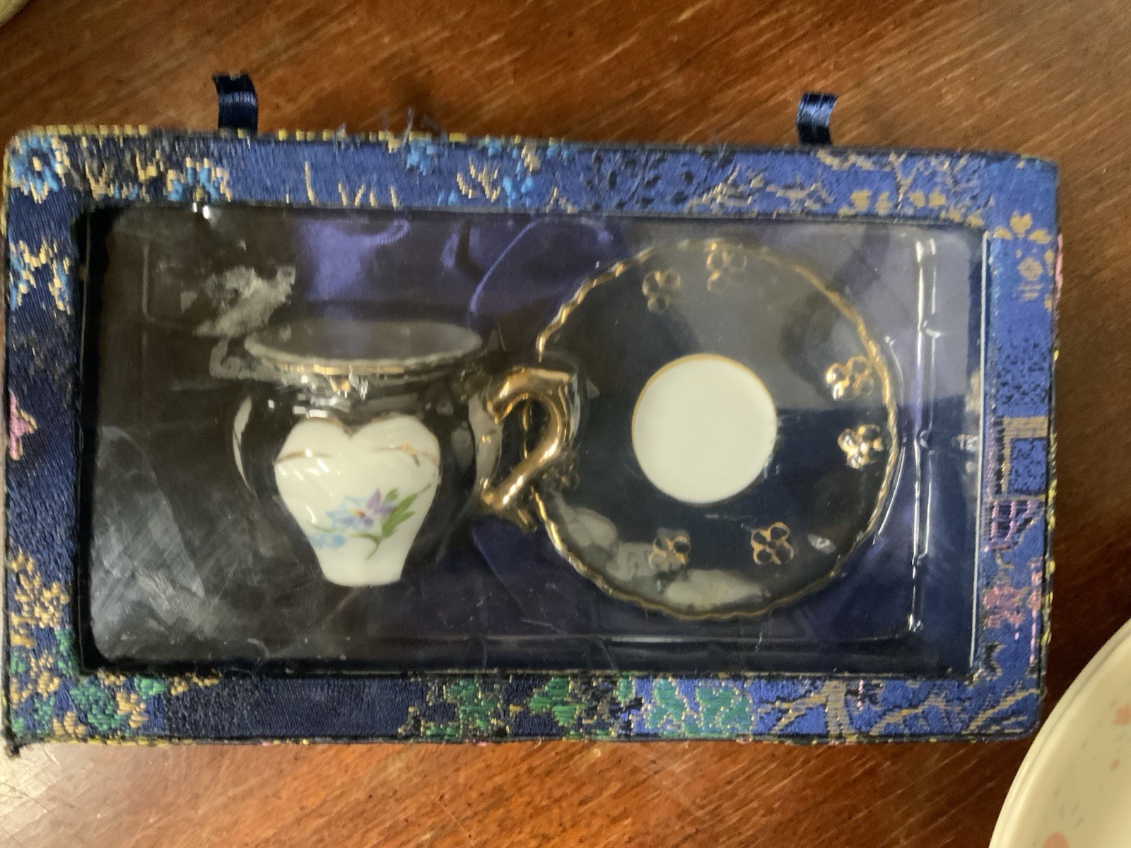 Vintage Miniature Miniature Porcelain Tea Cup & Saucer Set Blue Silk Brocade Box