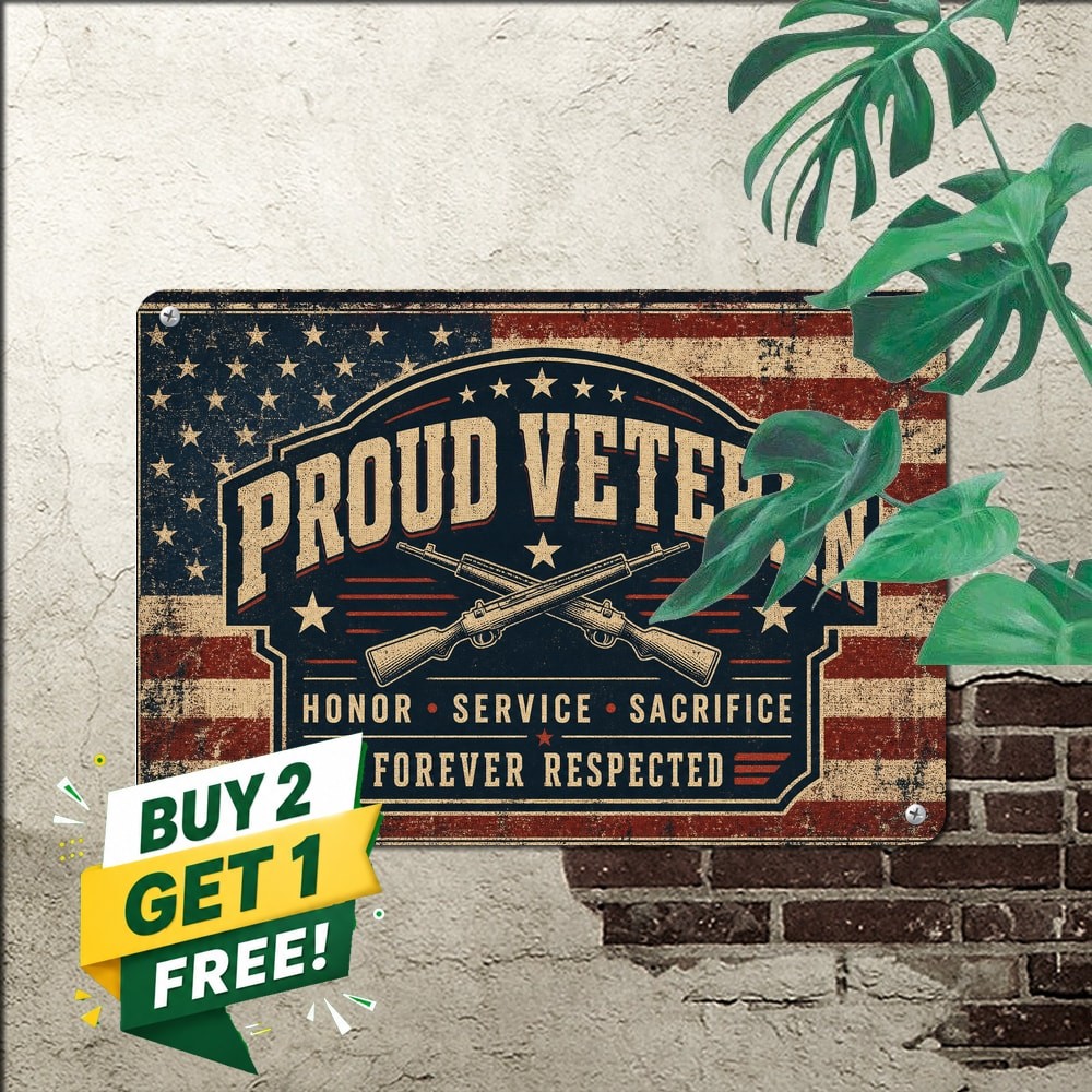 Proud Veteran Nostalgic Metal Sign Patriotic Man Cave Wall Decor