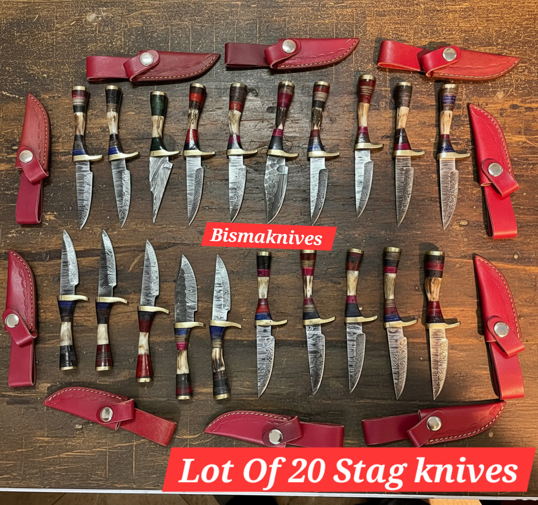 AWESOME HANDMADE LOT OF 20 STAG HORN HANDLE HUNTING AND CAMPING KNIVES W SHEATH