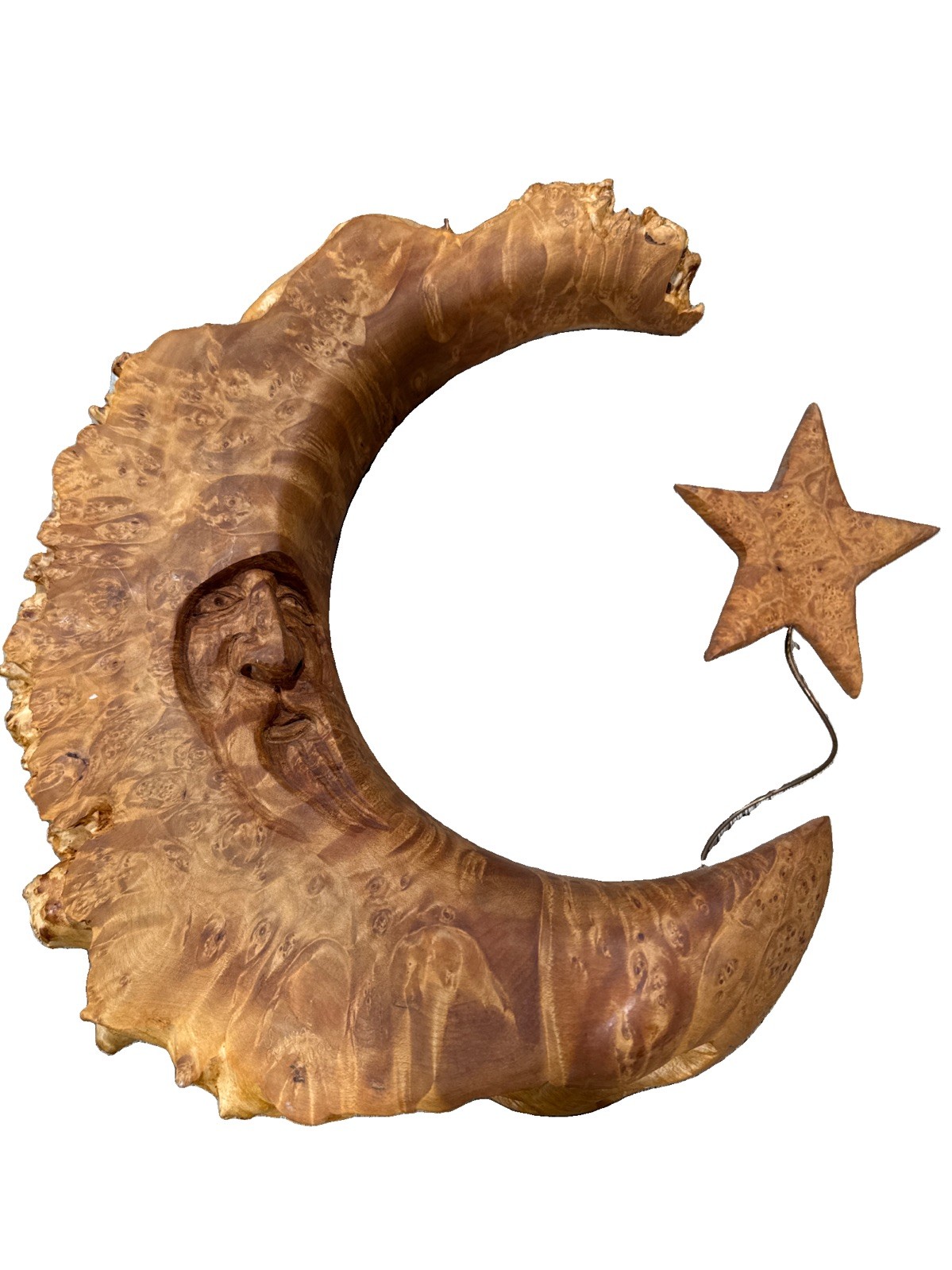 Vintage Hand Carved Burl Wood Man In The Moon Celestial Star Wall Art Sculpture