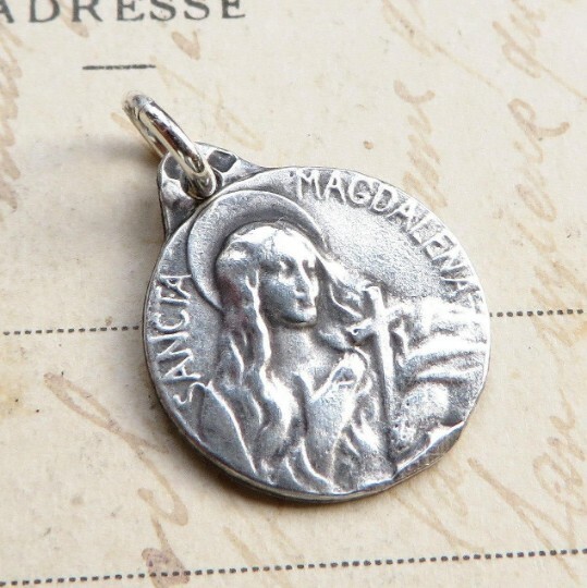 St Mary Magdalene With Crucifix Medal - Sterling Silver Antique Replica