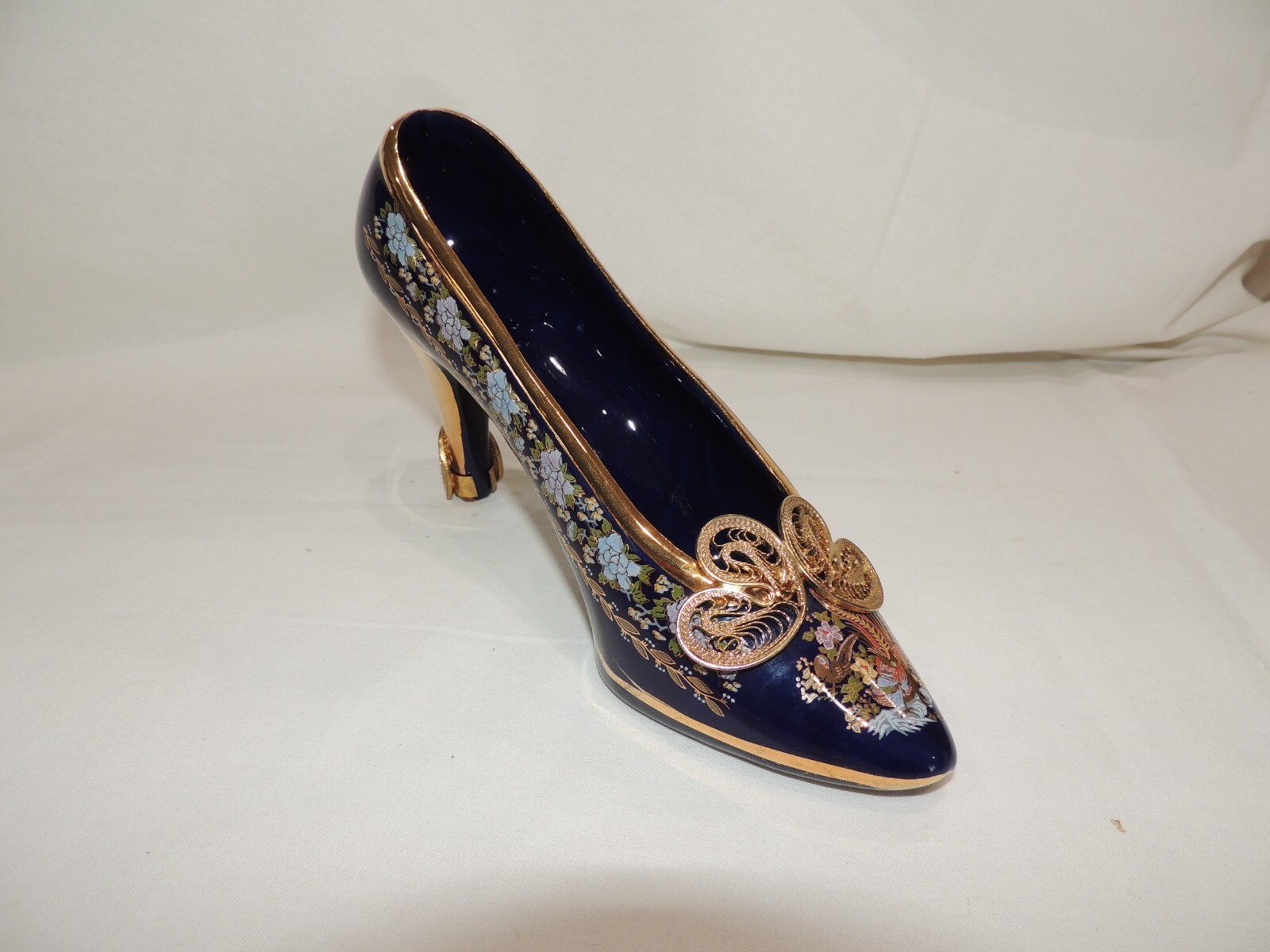 EXCELLENT VINTAGE PORSEM LIMONJ COBALT BLUE & GOLD CERAMIC SHOE FIGURINE