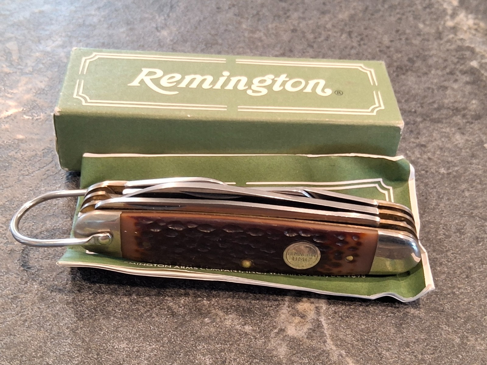 NOS 1980s Remington UMC R4 Utility Camp Folding Pocket Knife W/Box Paperwork Vtg