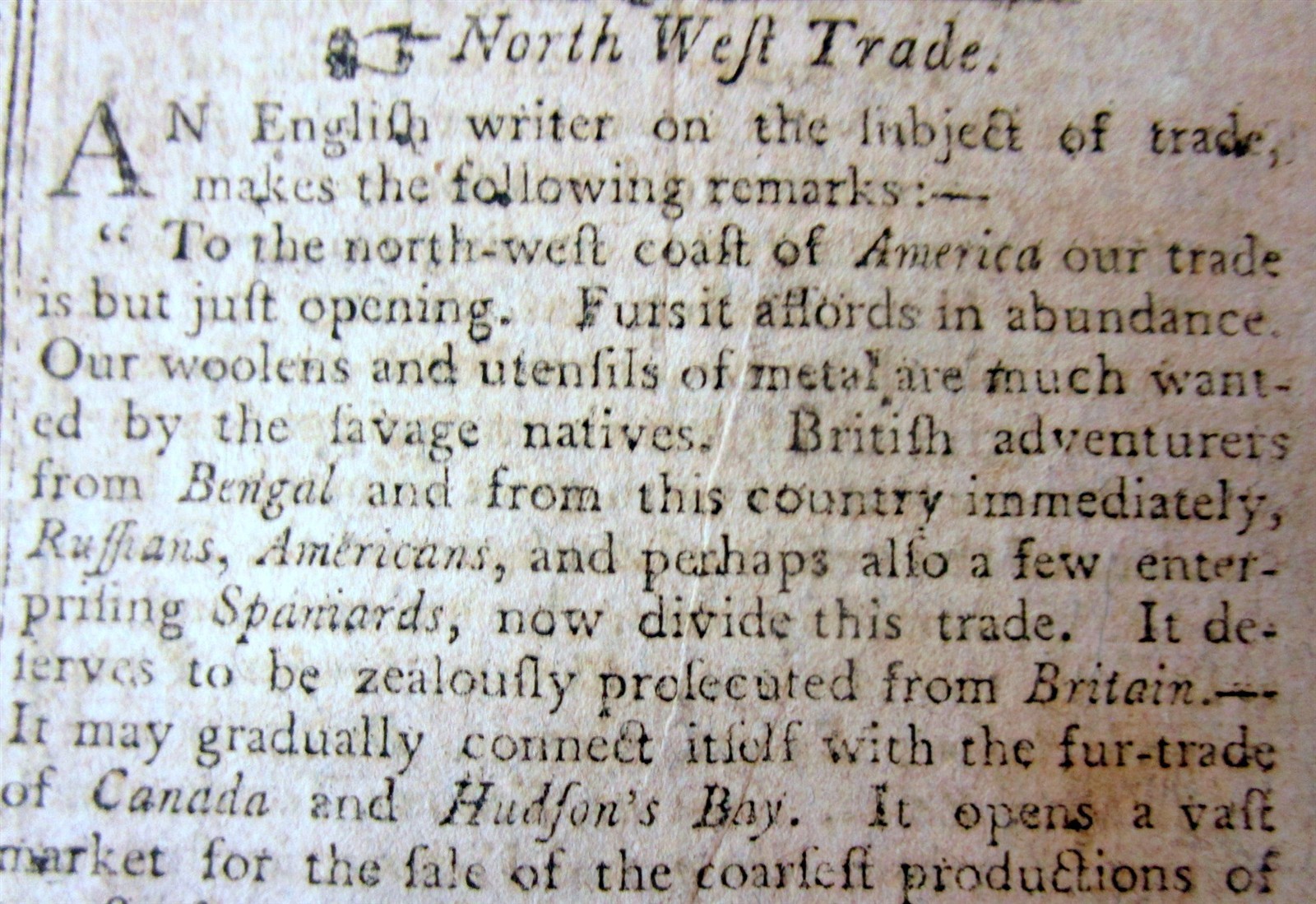 1801 newspaper with an EARLY REPORT on THE FUR TRADE in CANADA and HUDSON\'S BAY