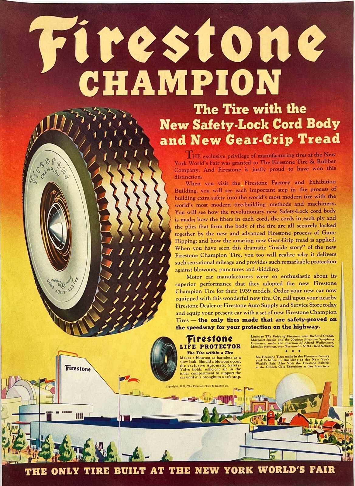New York City 1939 Worlds Fair  firestone Factory exhibit Expo Vtg Print Ad