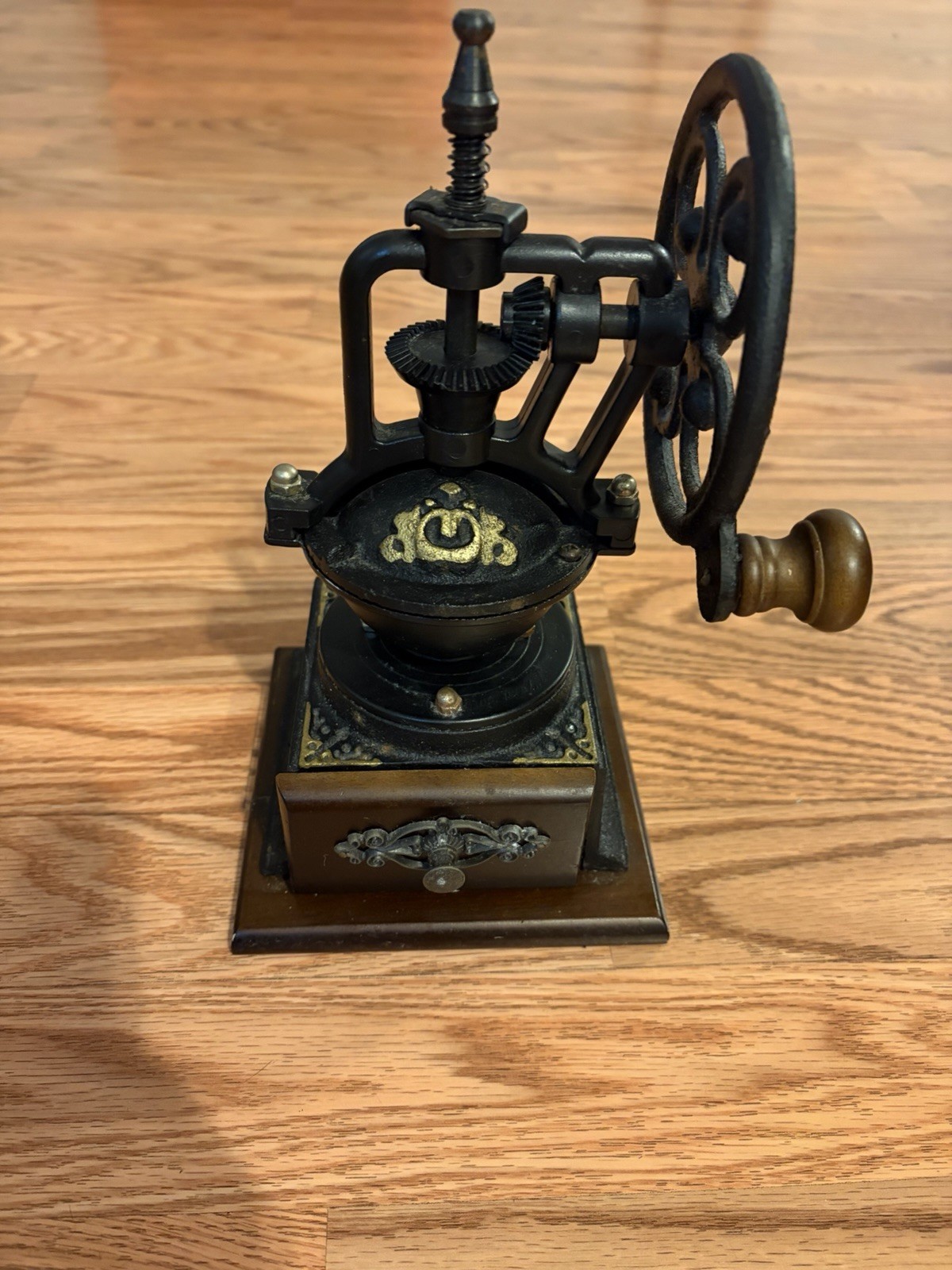B.E. Vintage Wood and Iron Manual Coffee Grinder Magnetic Drawer Lock.