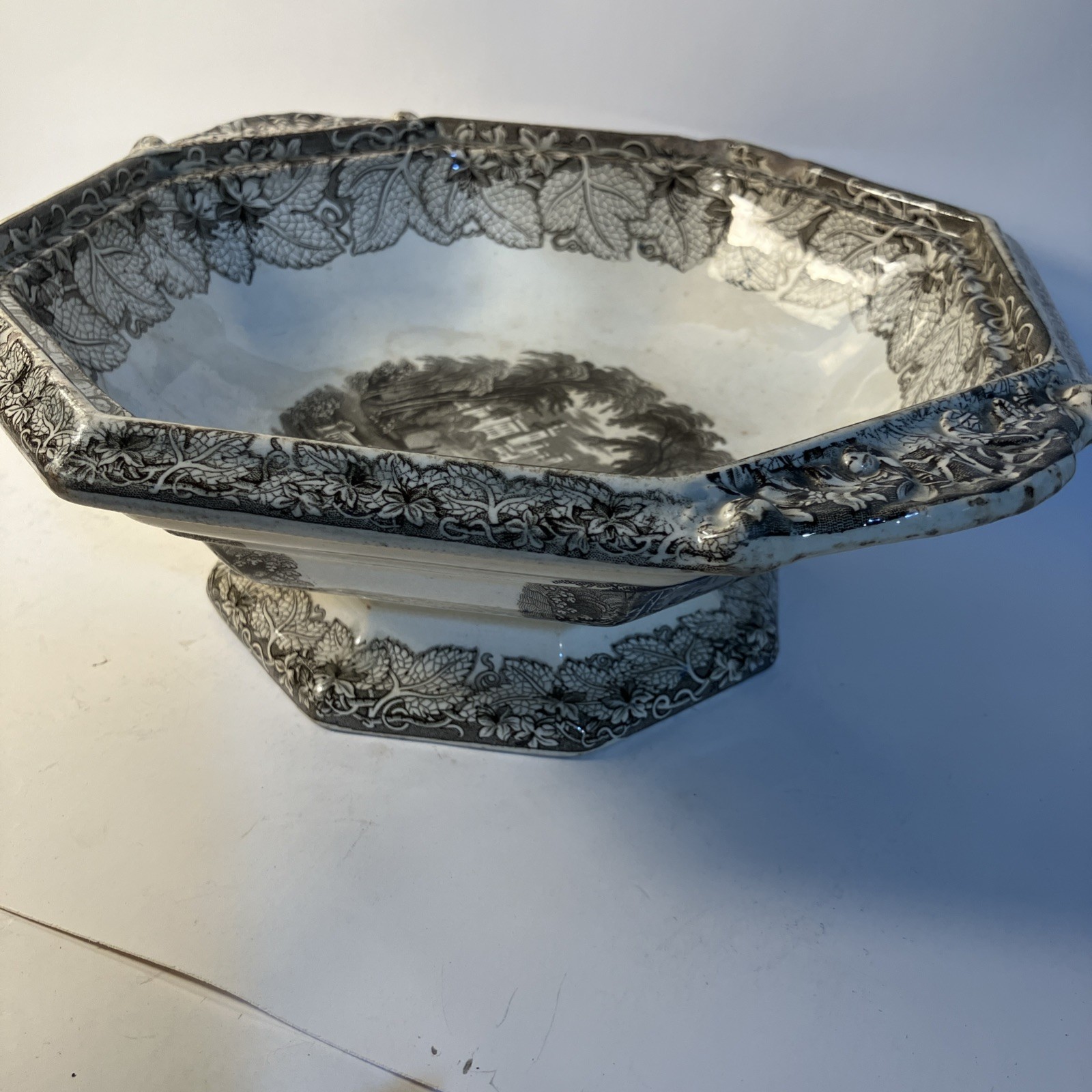 Antique Francis Morley Vista Ironstone Pedestal Bowl Black Transferware c1850
