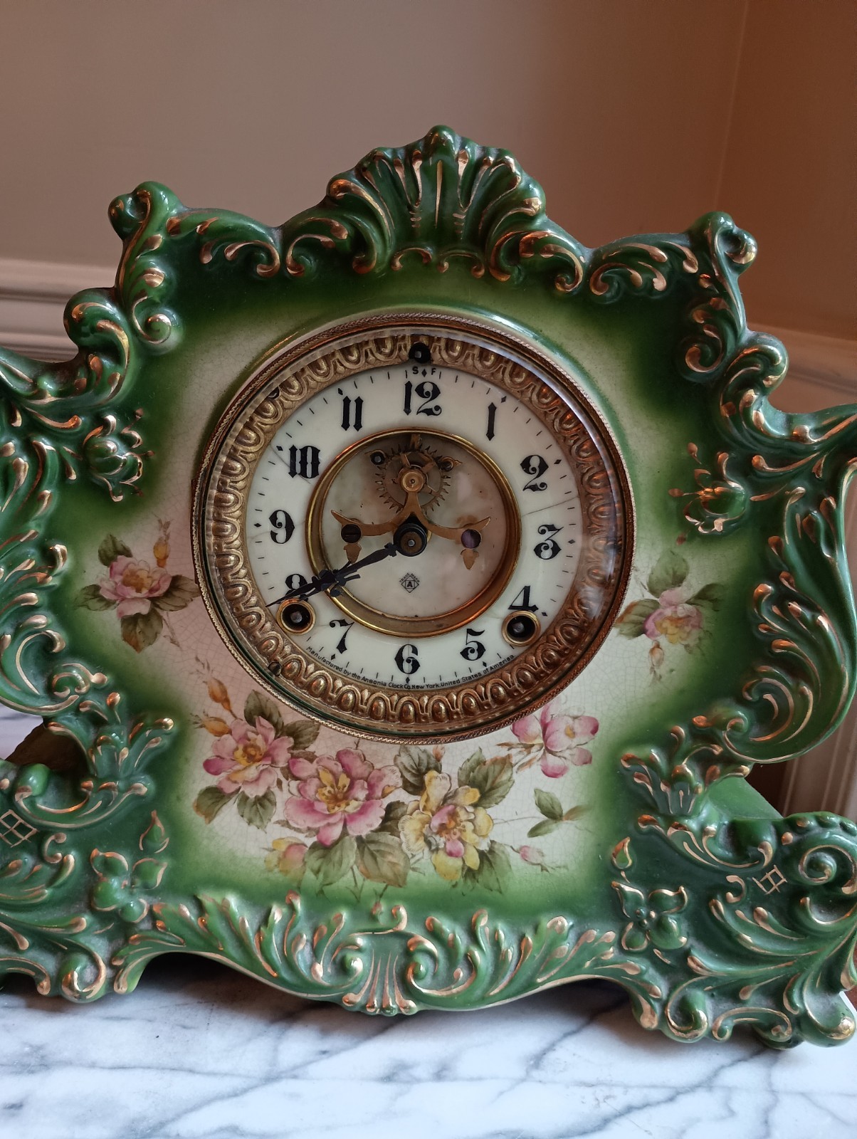 Lovely Ansonia Recluse Porcelain Clock, Circa 1901, No Key, Untested