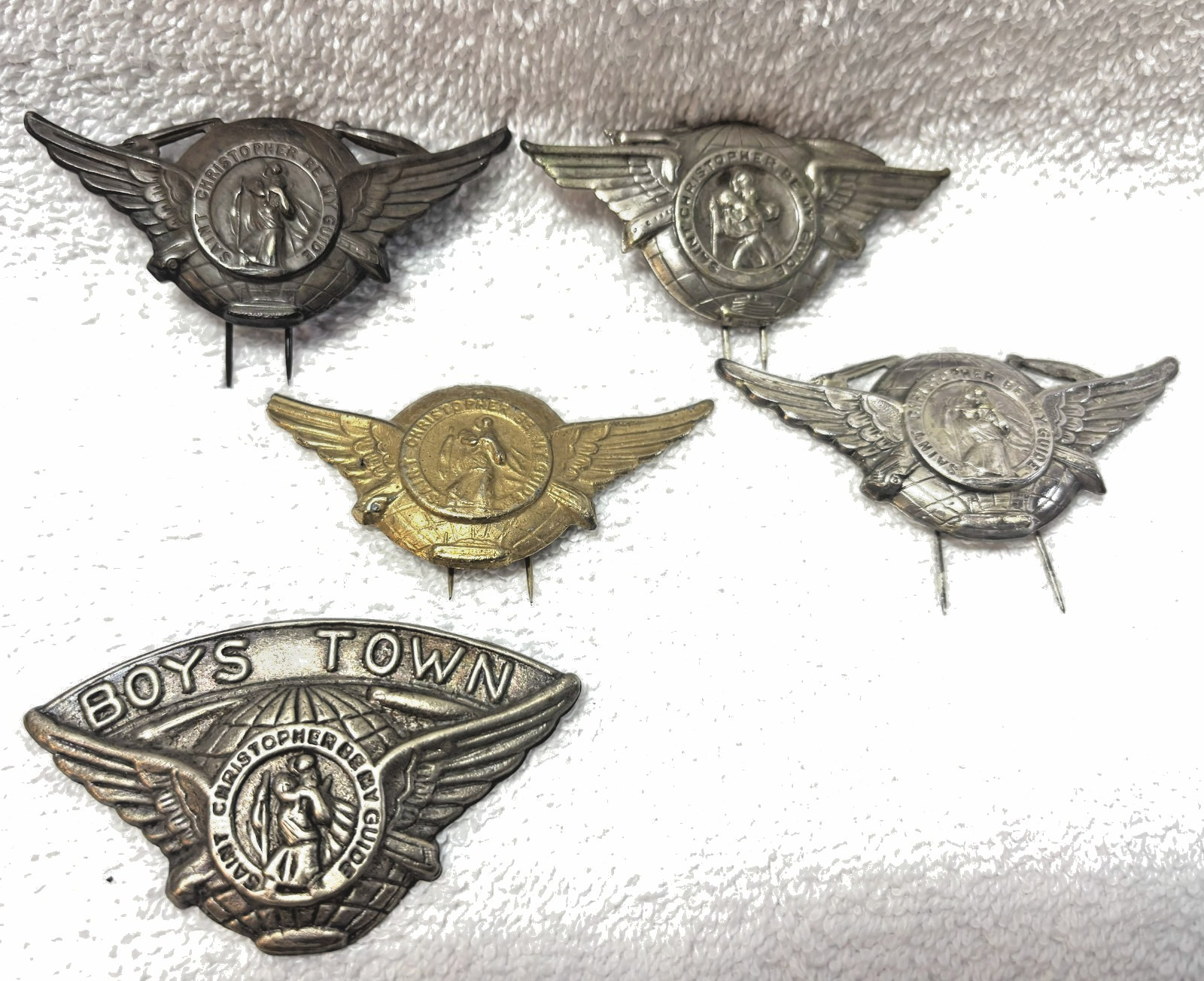 5 Vintage SAINT CHRISTOPHER BE MY GUIDE Pins Badges Medals