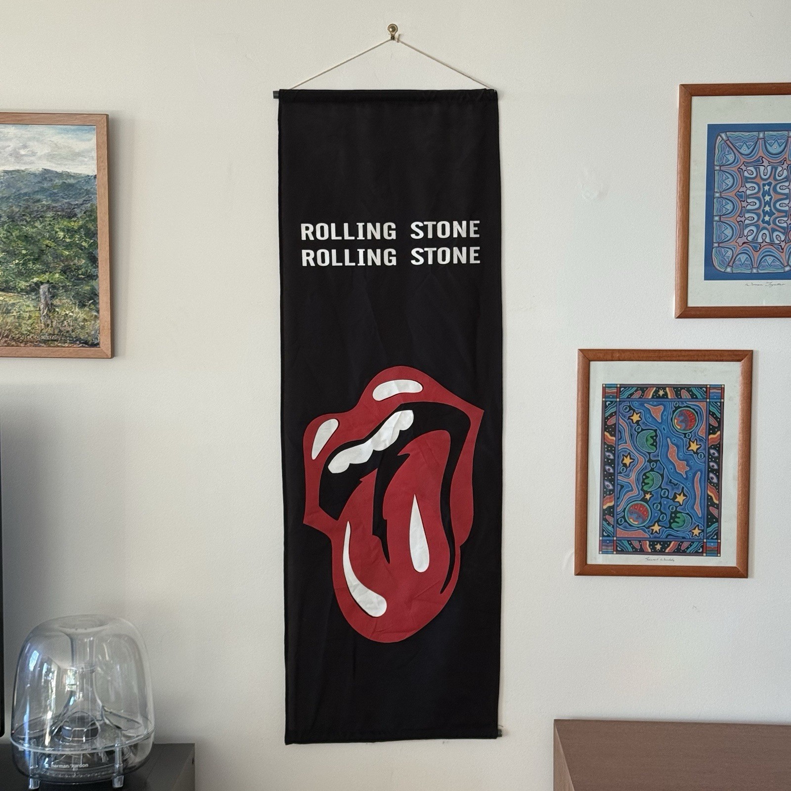 Vintage 1980s The Rolling Stone Black Fabric Wall Banner/Flag - Band Merchandise