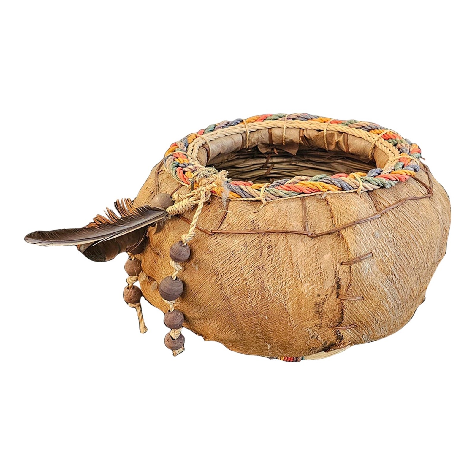 Vintage Native American Style Handwoven Fiber Basket With Feather & Beaded