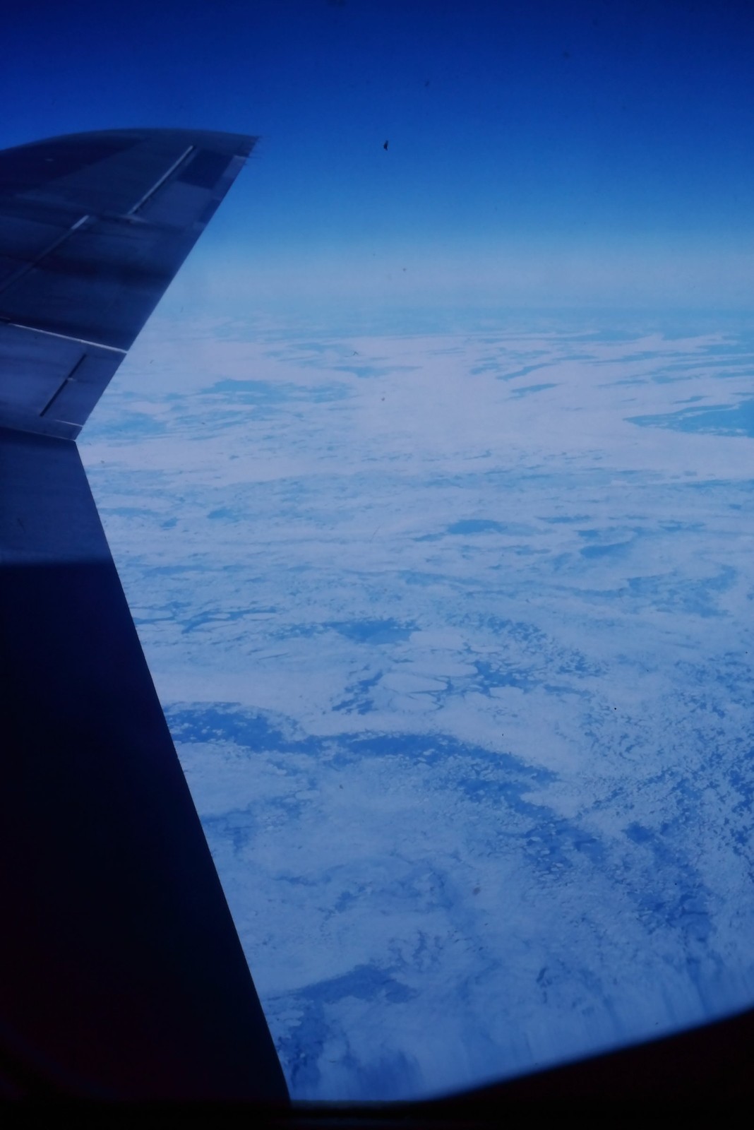 c1970's Kodachrome 35mm Slide, Airplane Wing Aerial View Clouds blue Landscape