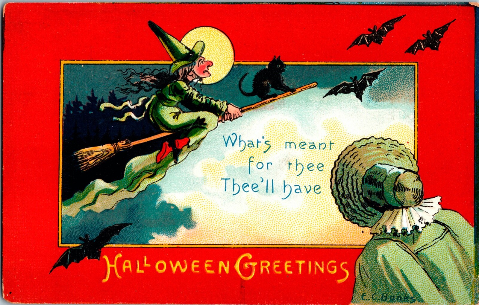 Vintage Ugly Flying Witch in Broom, Black Cat, Bats & Moon Halloween Postcard