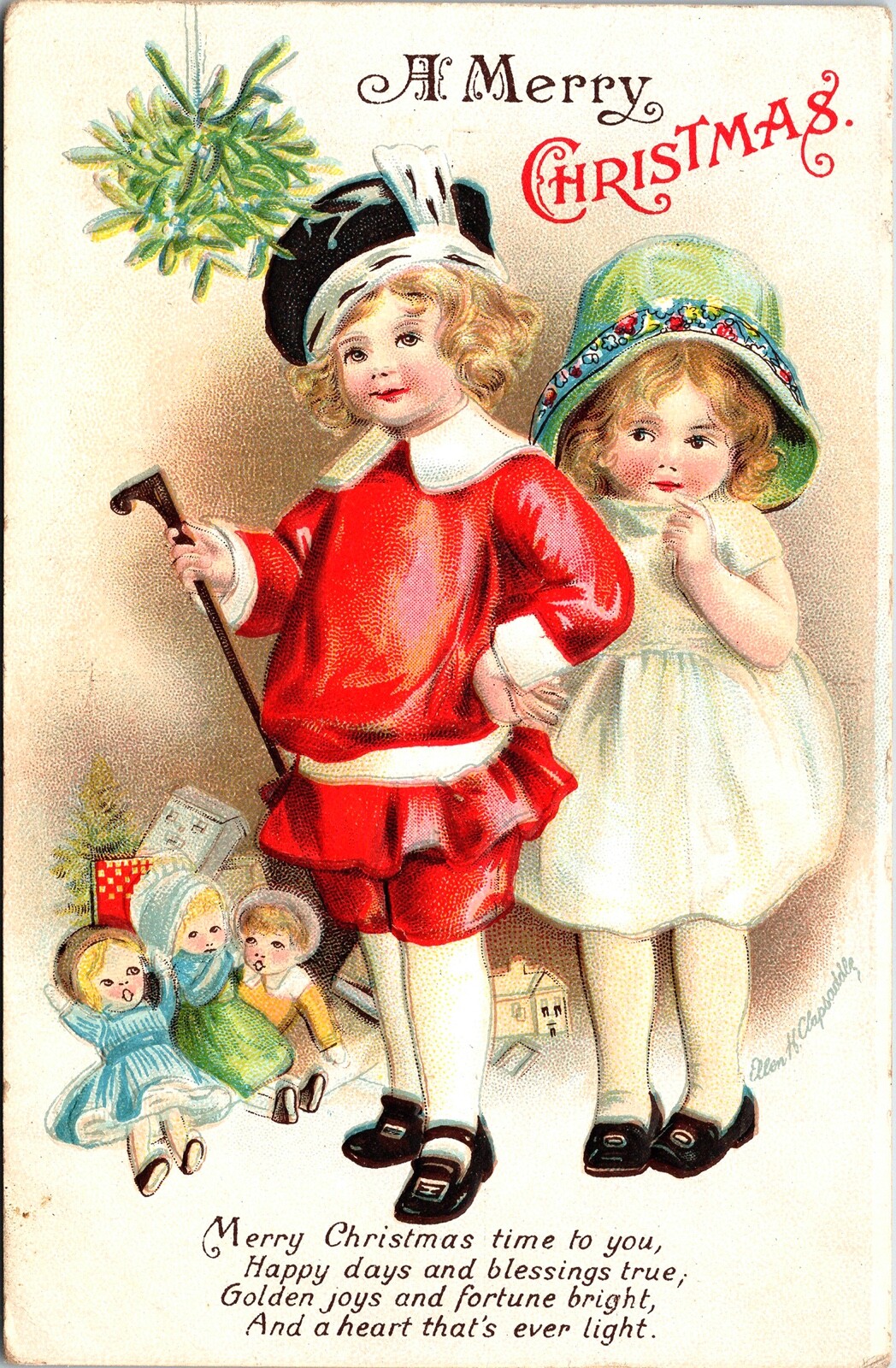 Vintage 1910\'s Ellen Clapsaddle Victorian Boy & Girl & Toys Christmas Postcard