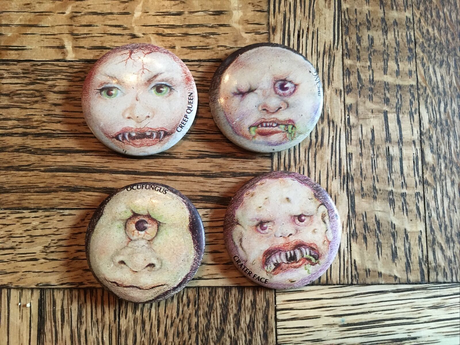 Vintage Characters - Creep Queen, Crater Face, Ocufungus, Rufang Pinback Buttons