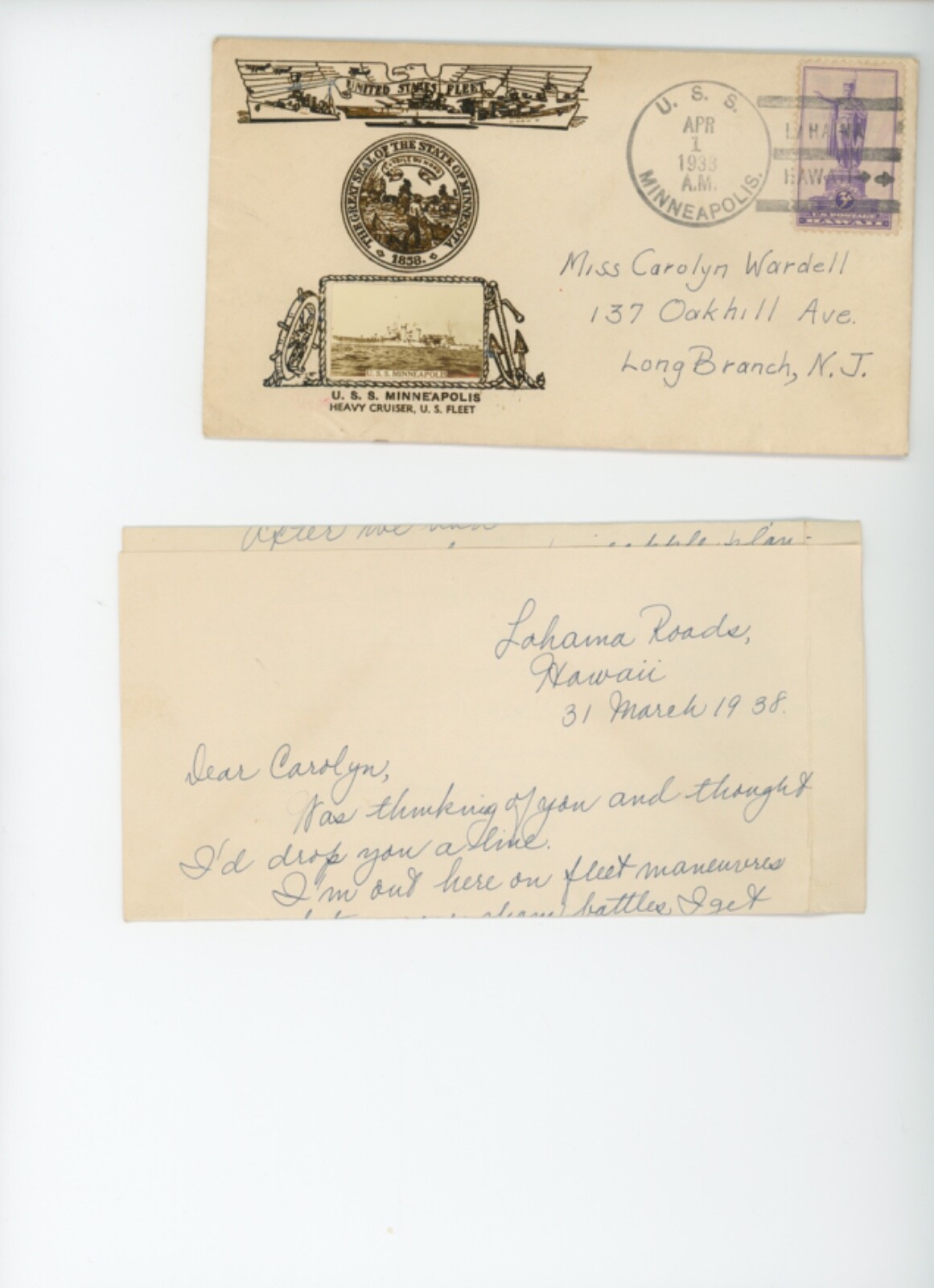 USS Minneapolis  US Fleet Visits East Coast, 1939 Hawaii  with letter  (mb26