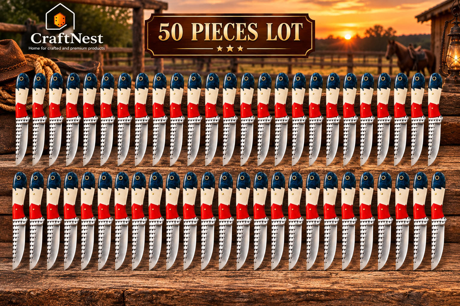 Lot of 50 Rasp Steel Cowboy Knife | Texas Flag Resin Handle, Leather Sheath