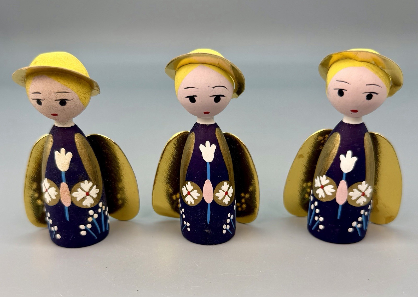 Mogens Eigenbrod Bogense  3 Angels Denmark Hand Painted Wood Ornaments Nativity 