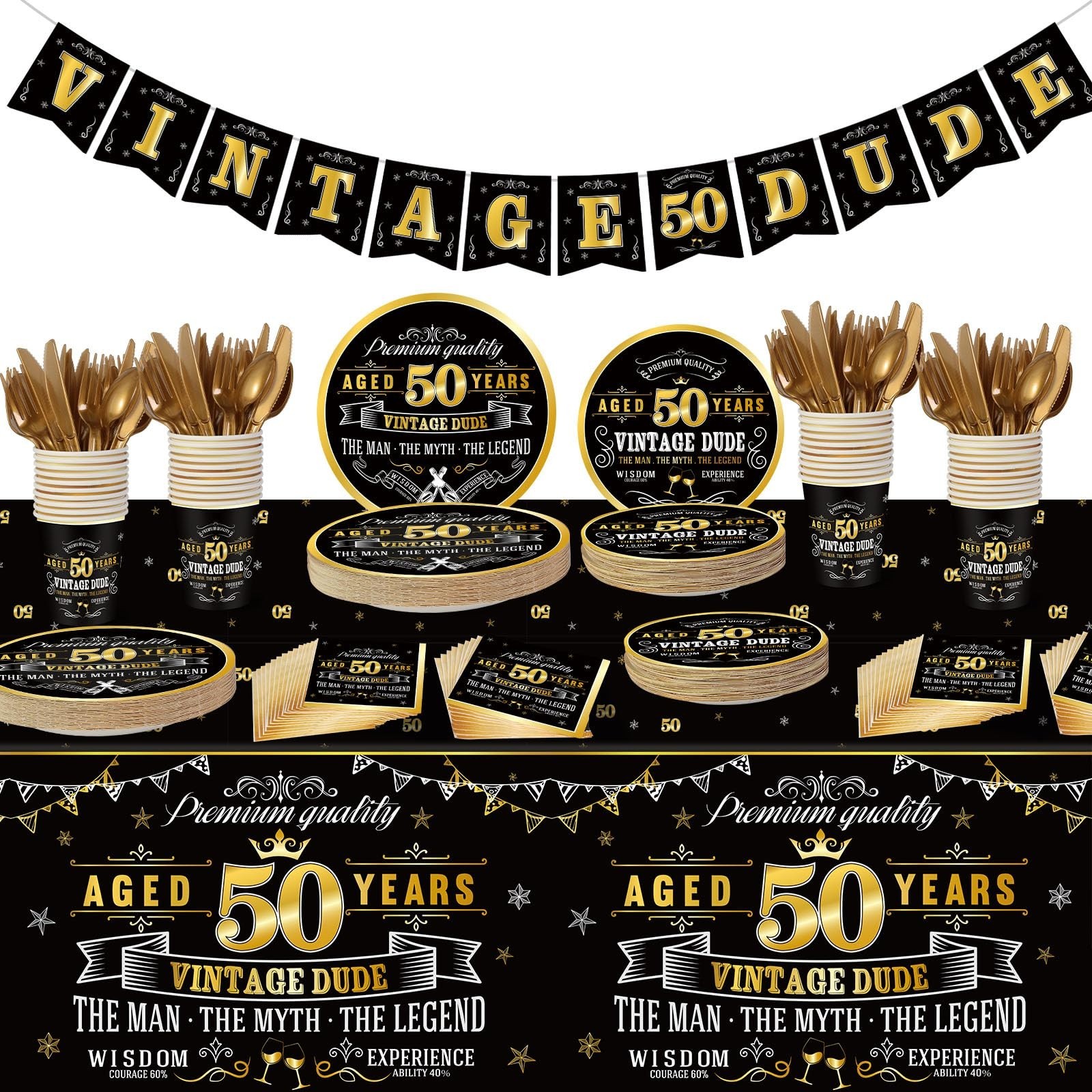 183 Pcs Vintage 50th Party Tableware Set, Black Gold Vintage Happy 50 Birthda...