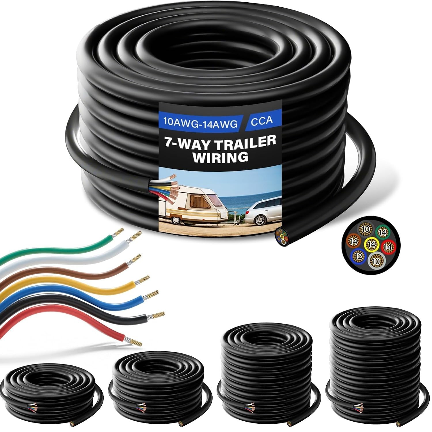 50 FT 10-14 AWG 7 Way Trailer Wiring Harness CCA 7 Wire Trailer Cable