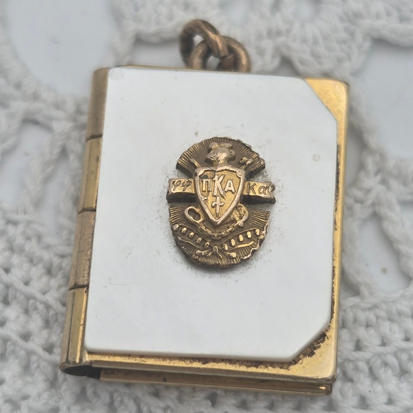 Vintage Pi Kappa Alpha Gold Filled Sweetheart Locket Book Pendant PIKA La Mode