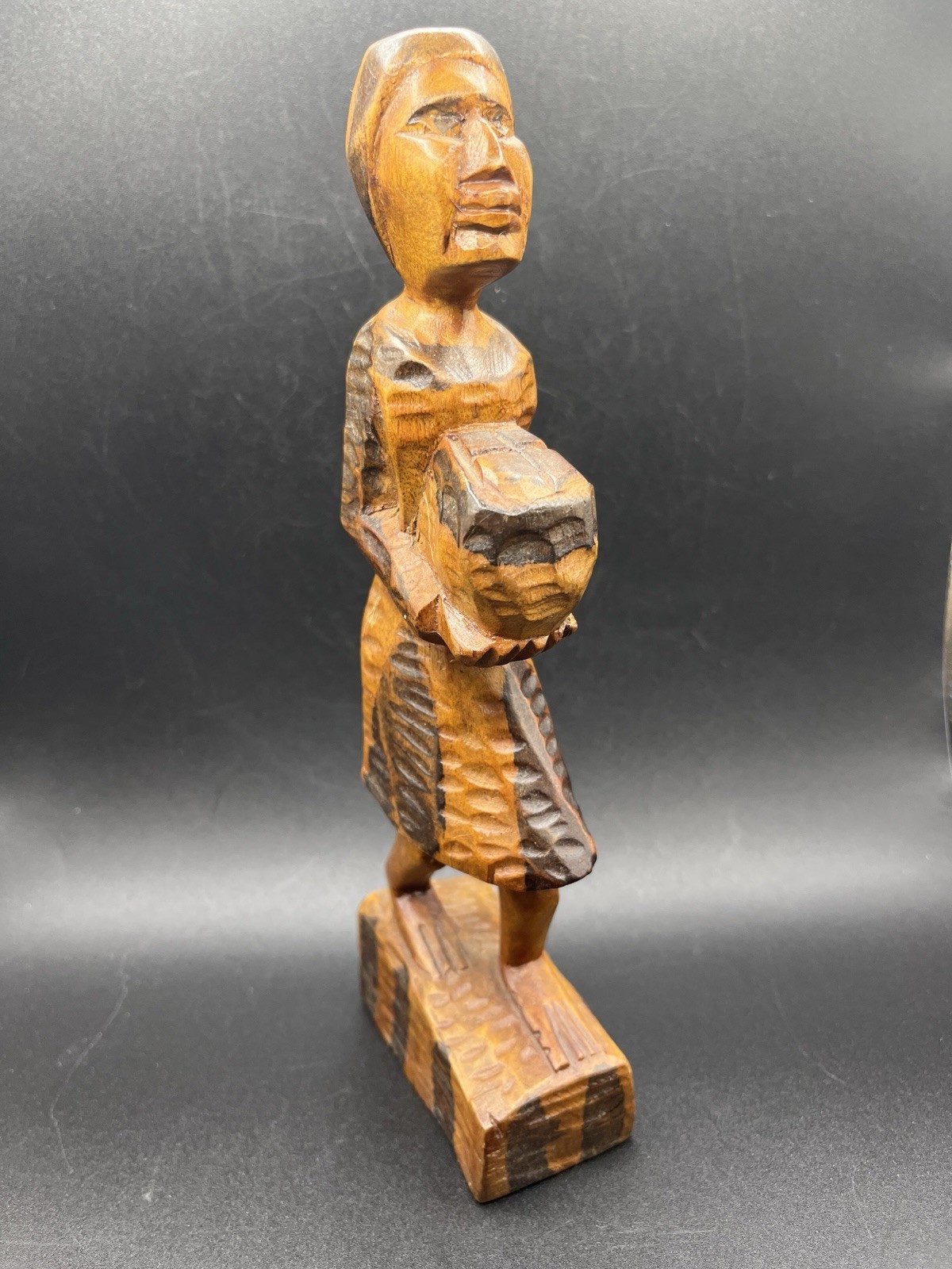 Vintage Hand Carved African Tribal Woman Figurine Carrying Basket - 8.5\
