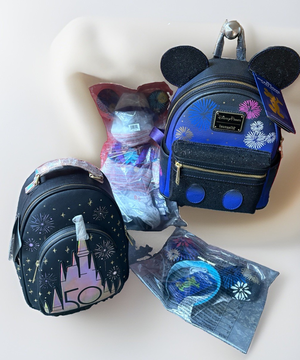 NWT Disney 50th Anniversary Lot 2 Loungefly Mini Backpacks Ears and Mickey Plush