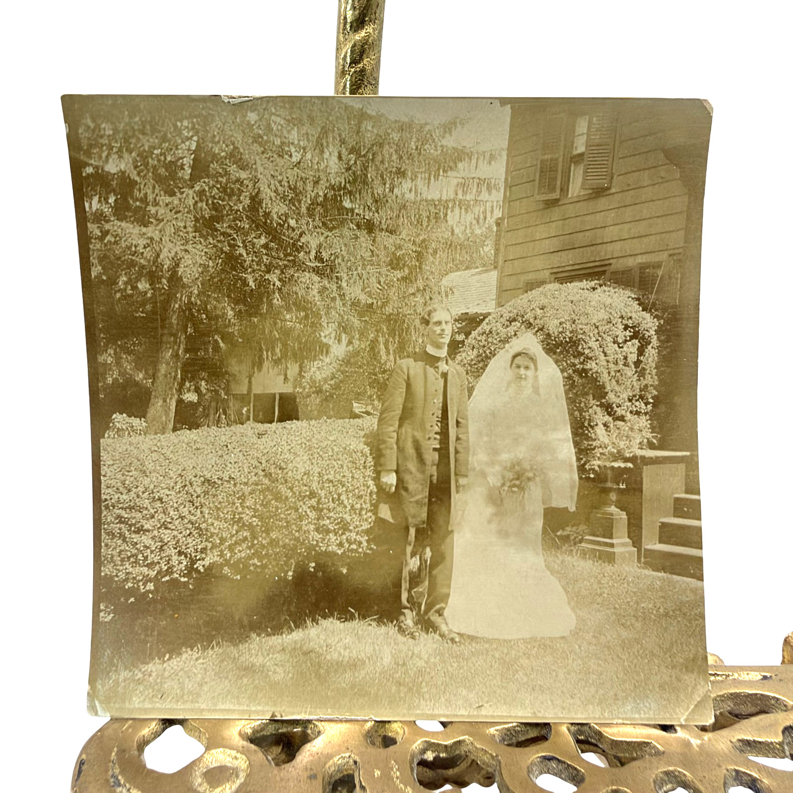Antique 1900s Bride Groom Wedding Yard Snapshot Photo 3.5x3.5 Sepia Gelatin Orig