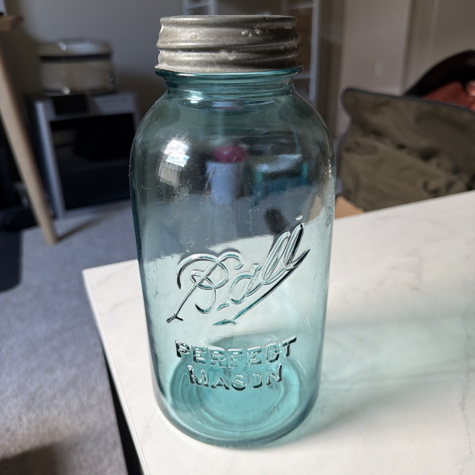 1910-1923 Antique 2 Quart Blue Ball Jar With #9 With Lid