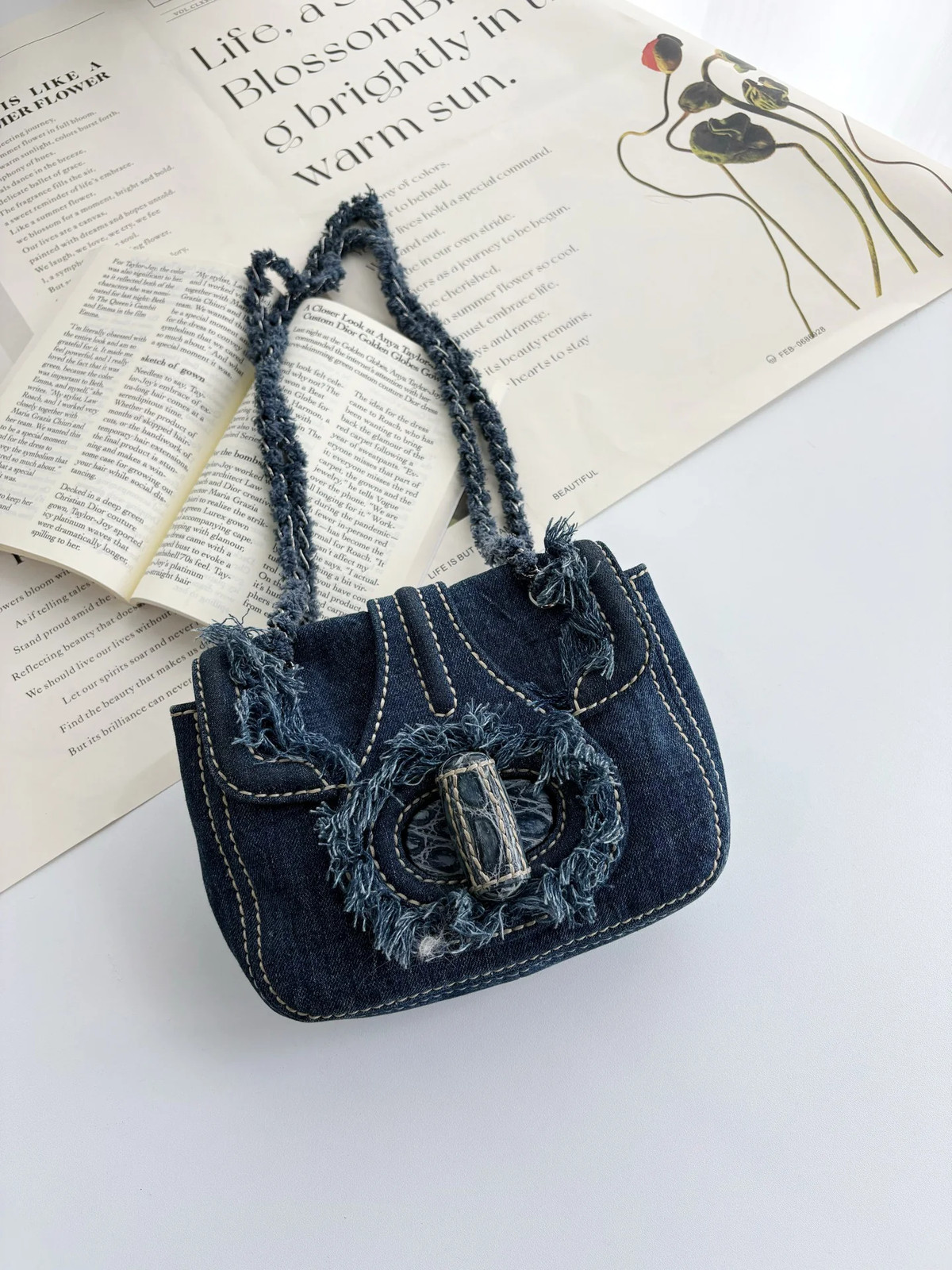 Prada Vintage Denim Frayed Fringe Flap Shoulder/Crossbody Bag